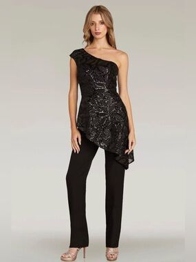 NWT Feriani Couture One Shoulder Cap Sleeve Pant Suit Size 12 Sequins